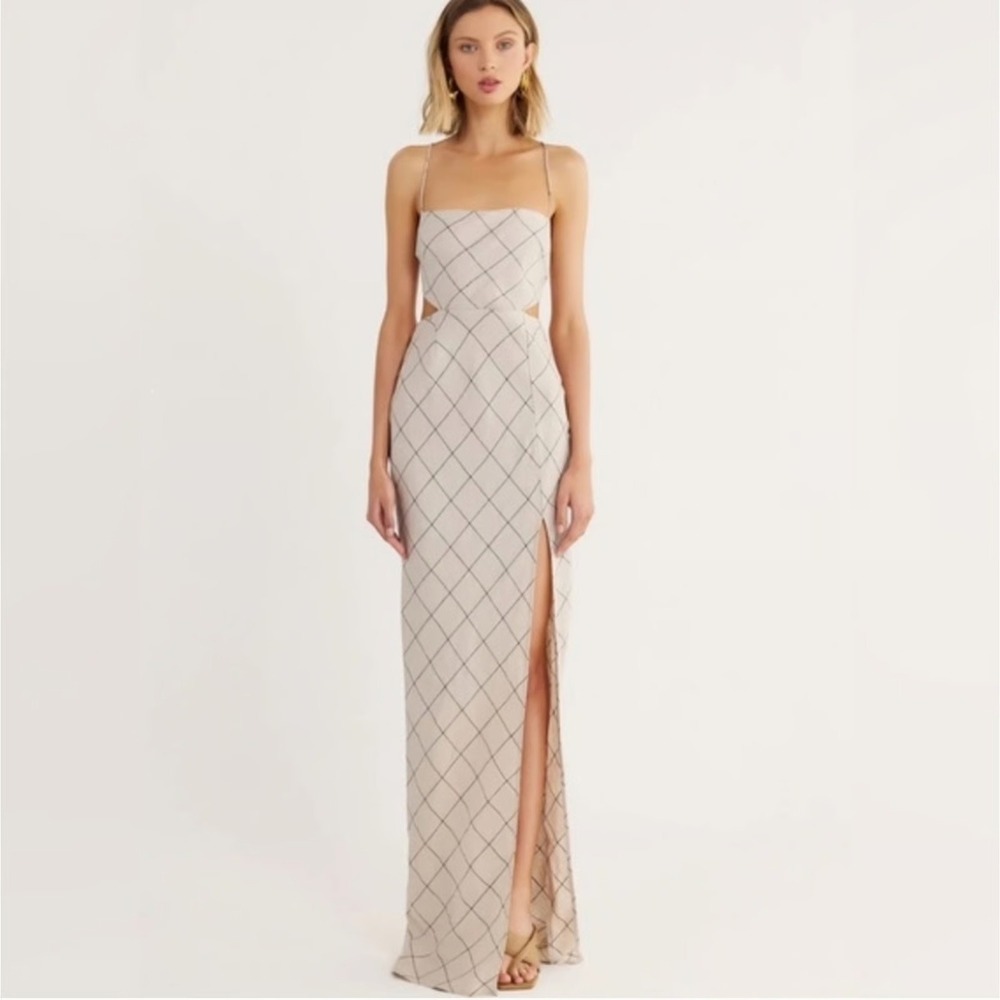 Rumer Brand Taupe 100% Linen Windowpane Check Maxi Dress Spaghetti Strap Size M